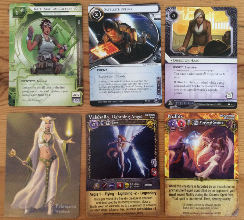 Cards from Netrunner and Mage Wars showing a range of womens bodies